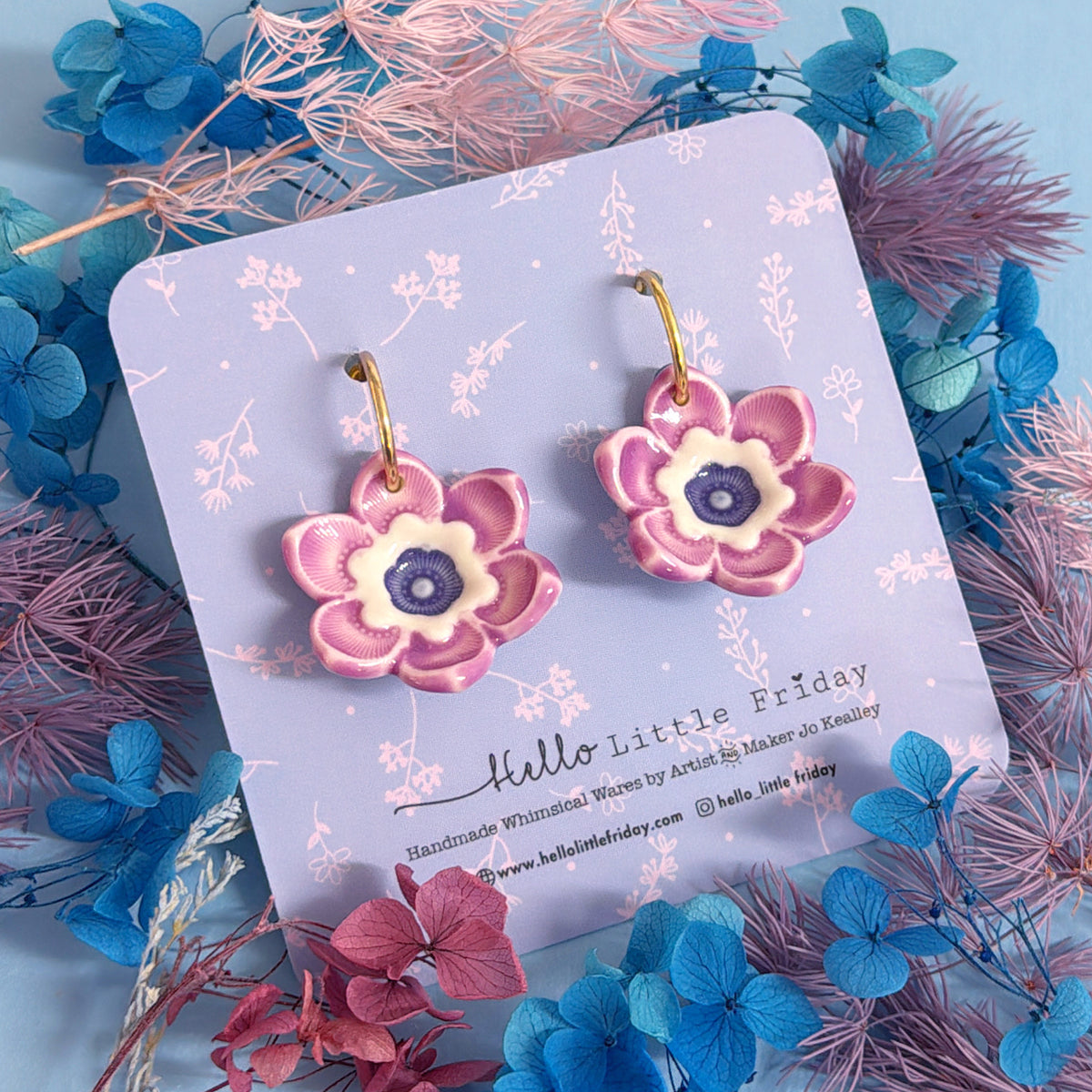 FORGET-ME NOTS Lilac & Lavender ~ PORCELAIN Drop Earrings Handmade by Jo Kealley