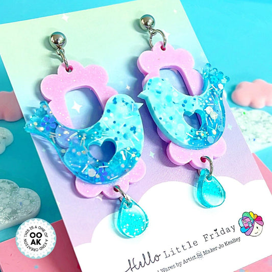 One of a Kind BLUEBIRDS of HAPPINESS : Choose your design : Handmade Resin DROP Earrings