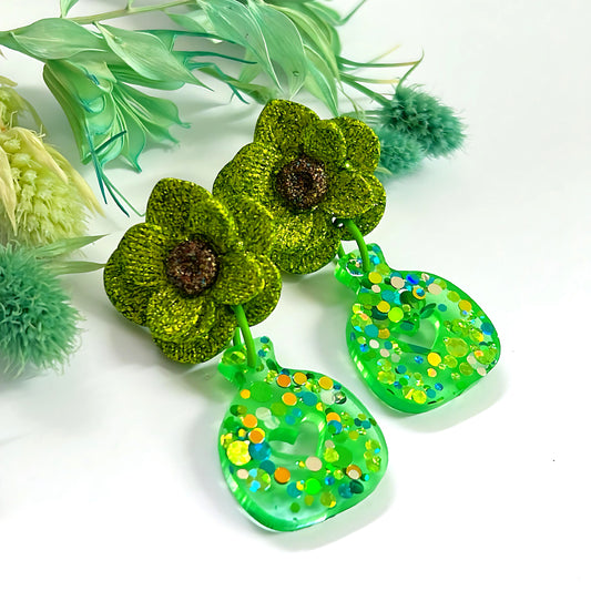 BEAUTIFUL BOUQUET : Green : Handmade Resin DROP Earrings