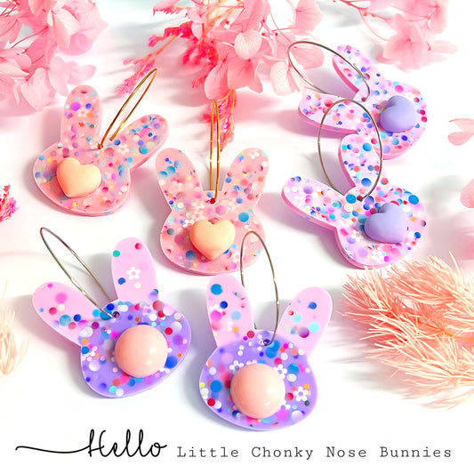 BLOSSOM CONFETTI EASTER BUNNY : CHONKY NOSE  : Handmade Resin DROP Earrings