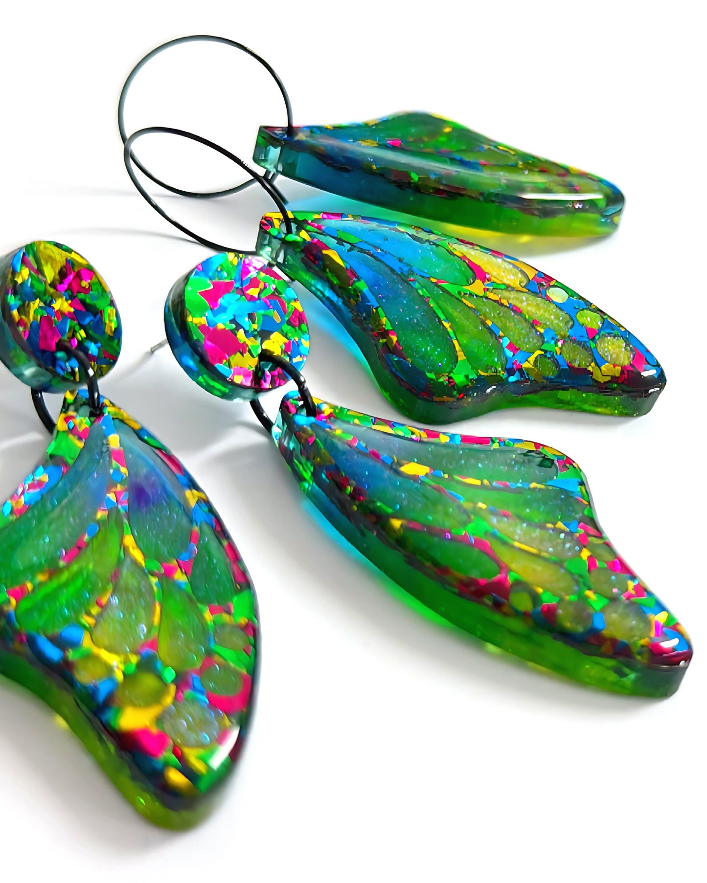 STAINED GLASS EFFECT MAGICAL RAINBOW WINGS : Butterfly Fairy : Handmade Holographic Resin & Acrylic DROP Earrings