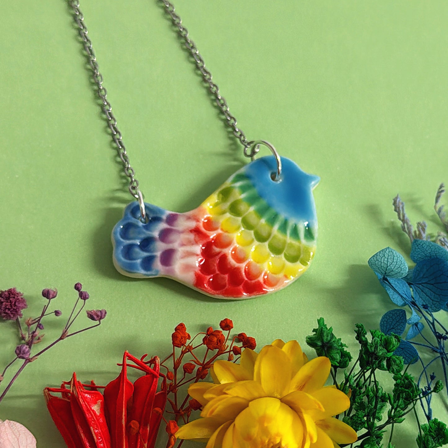 RAINBOW BLUEBIRD ~ One of a kind : Small Porcelain Pendant handmade by Jo Kealley
