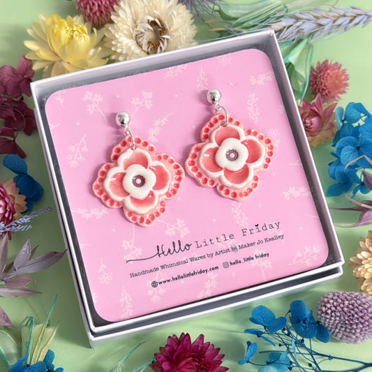PRETTY PANSIES Rose Pink & Ruby ~ PORCELAIN Drop Earrings Handmade by Jo Kealley