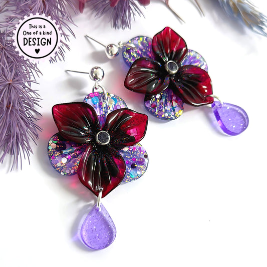 One of a Kind : 3D PANSIES with handset Swarovski centres : Handmade Resin DROP Earrings