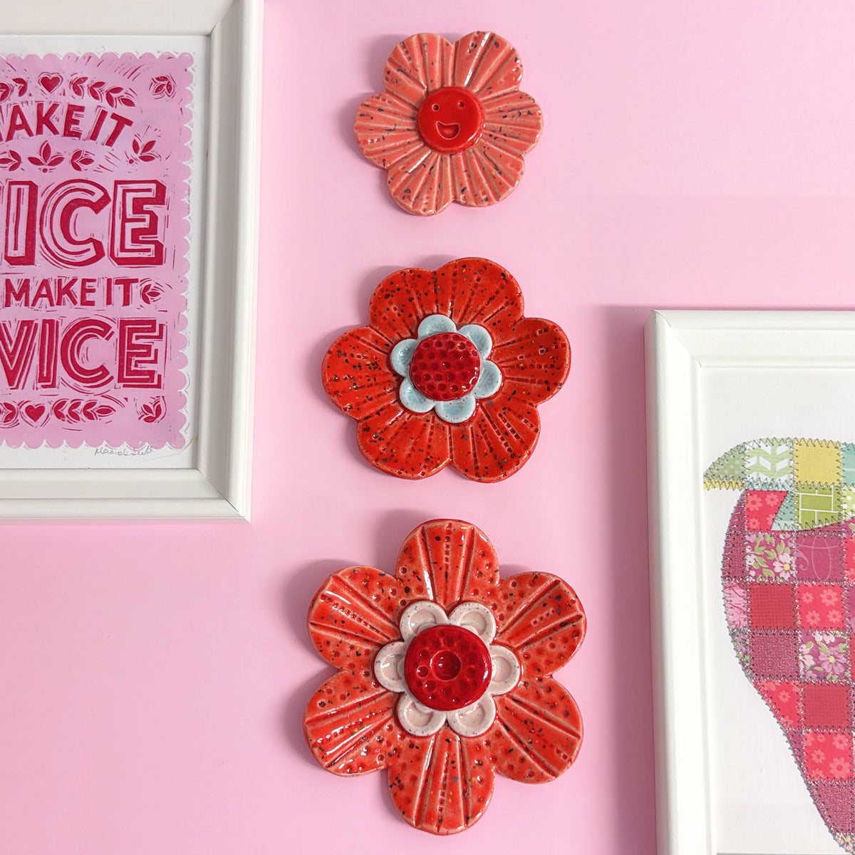 Peach Red Pink & Blue WALLFLOWERS Wall Art : Choose your design : Handmade Ceramic Ornaments by Jo Kealley