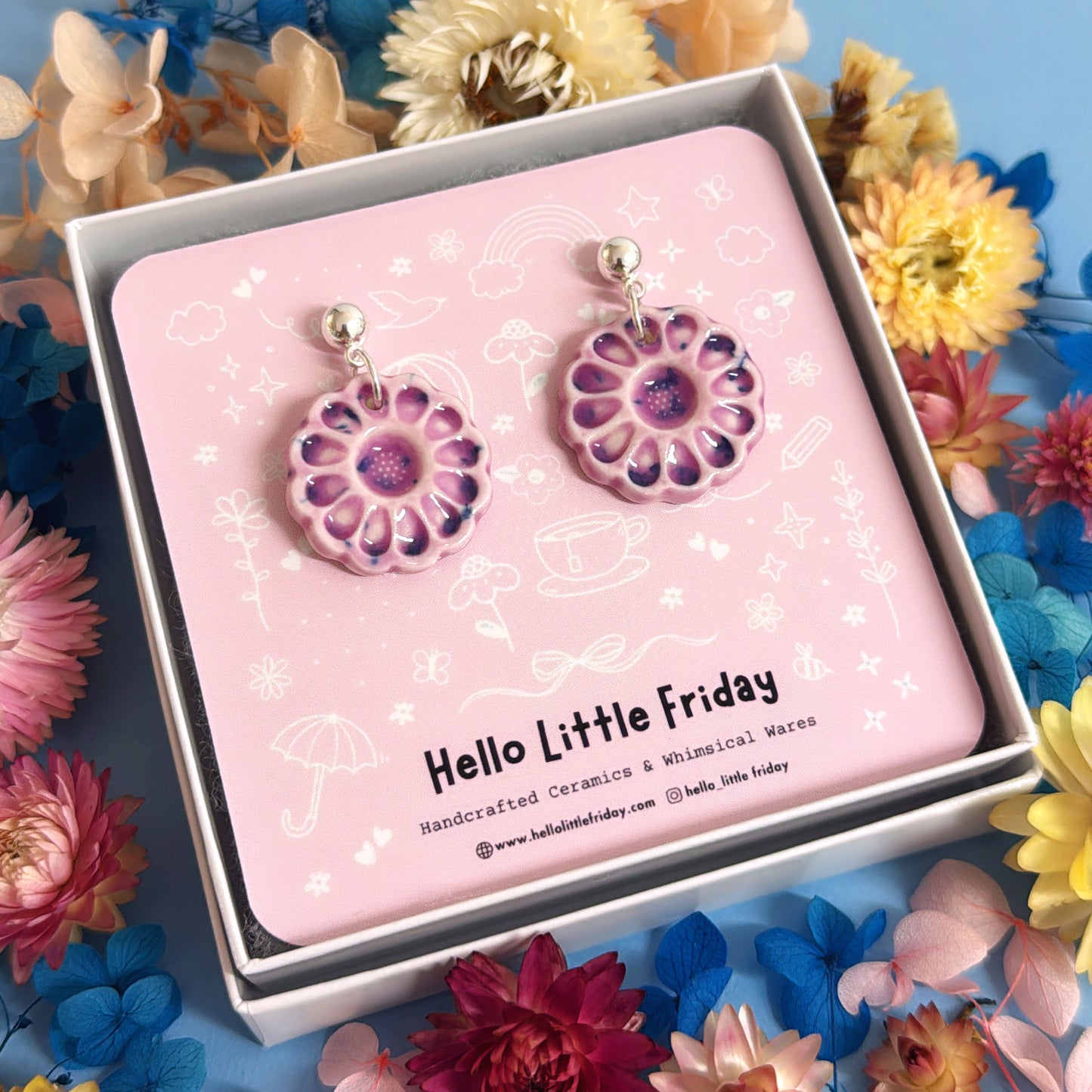 One of a kind : FORGET-ME-NOTS Violet Lavender ~ PORCELAIN Drop Earrings by Jo Kealley