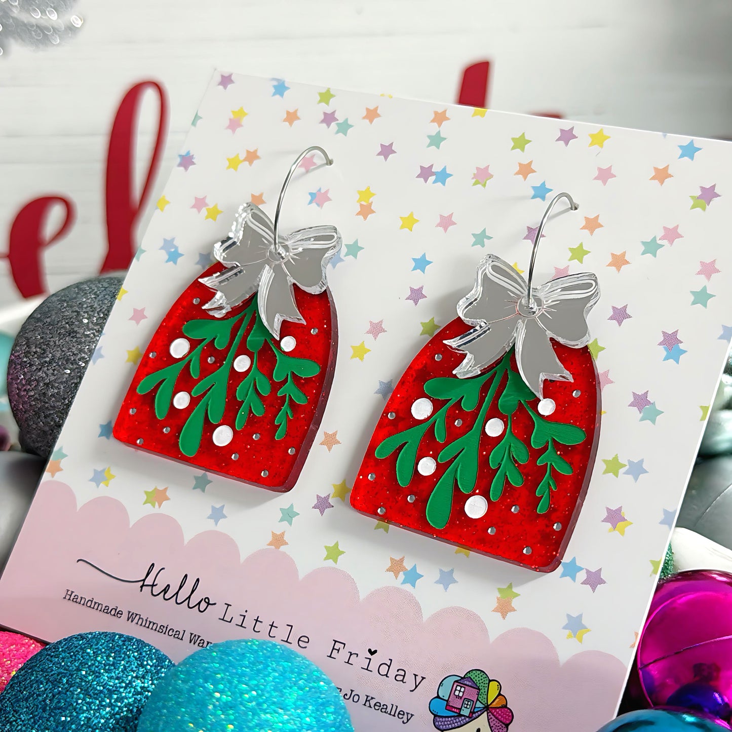 CHRISTMAS MISTLETOE : Choose your colour : Handpainted Acrylic Drop Earrings