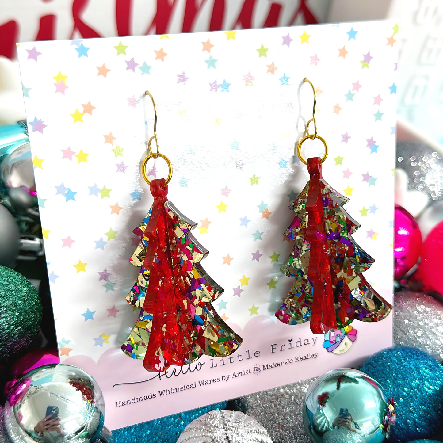 3D STAINED GLASS 2 TONE CHRISTMAS TREE : Handmade Acrylic DROP Earrings