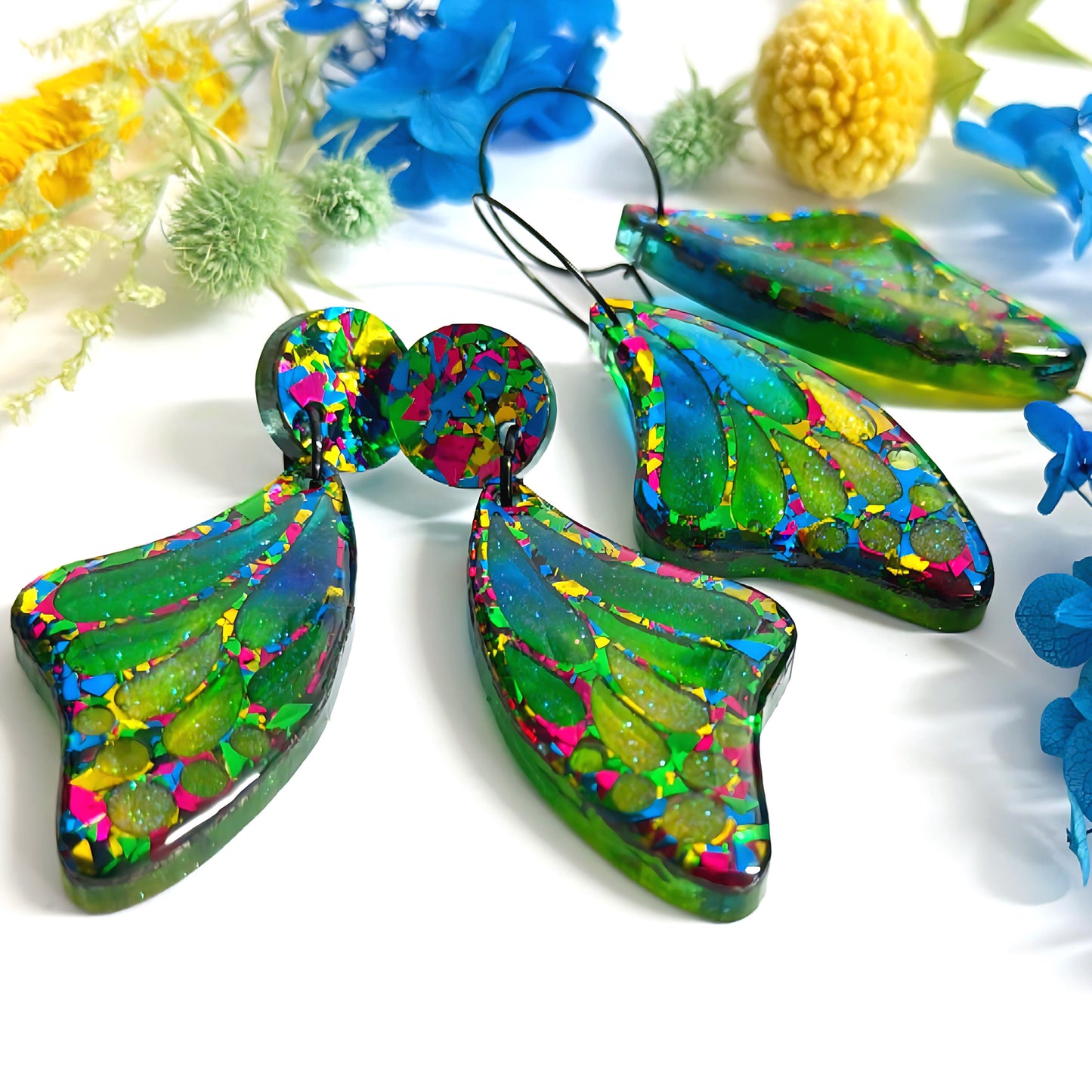 STAINED GLASS EFFECT MAGICAL RAINBOW WINGS : Butterfly Fairy : Handmade Holographic Resin & Acrylic DROP Earrings