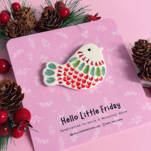 CHRISTMAS FESTIVE ROBIN BROOCH Porcelain BROOCH handmade by Jo Kealley