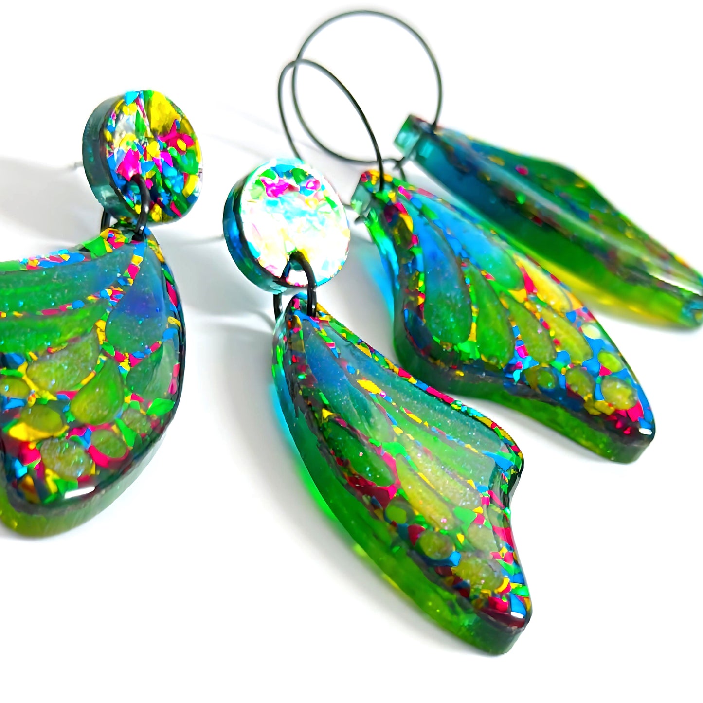 STAINED GLASS EFFECT MAGICAL RAINBOW WINGS : Butterfly Fairy : Handmade Holographic Resin & Acrylic DROP Earrings