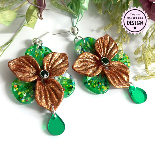 One of a Kind : 3D PANSIES with handset Swarovski centres : Handmade Resin DROP Earrings