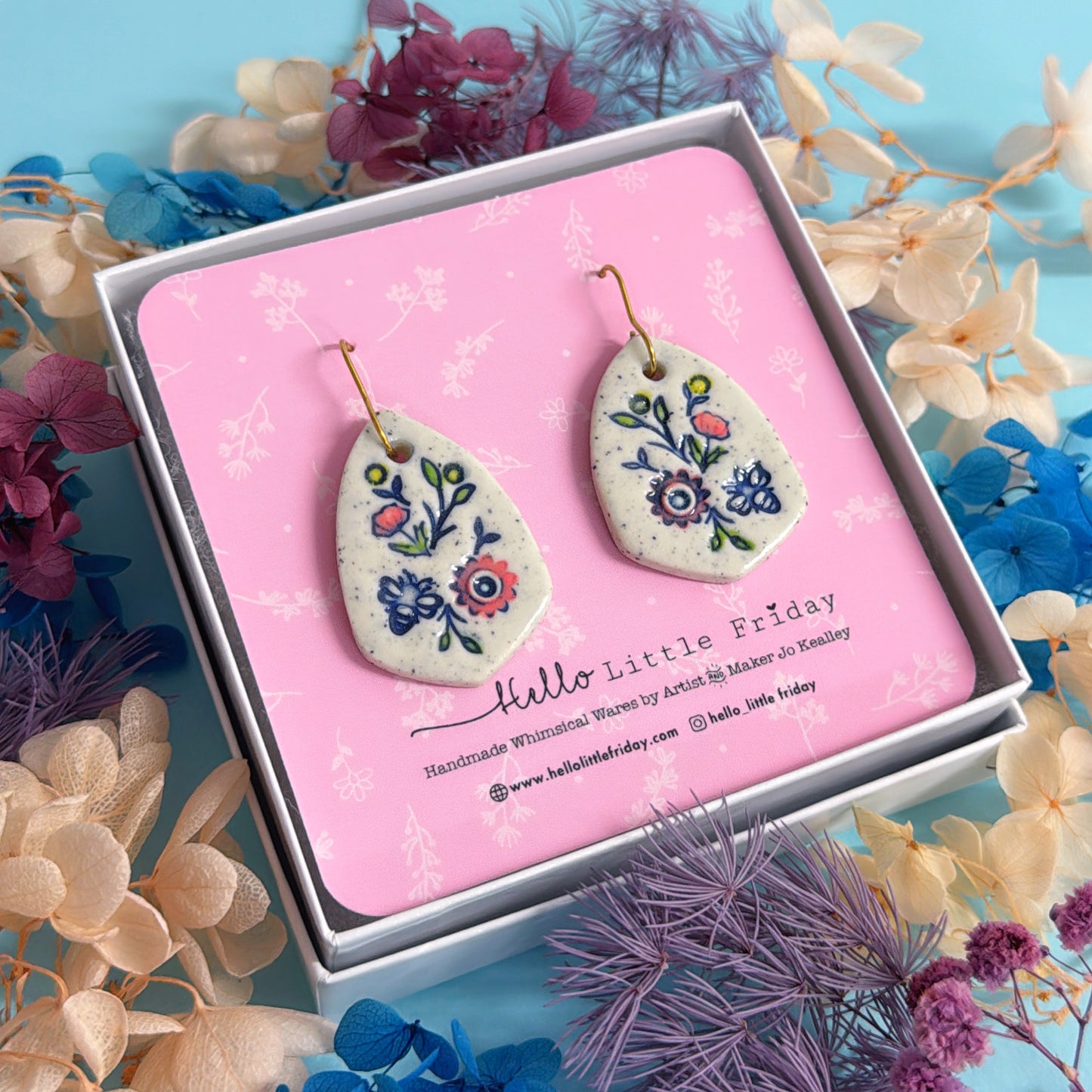 BOTANICA CERAMICA ~ One of a kind pair : PORCELAIN Drop Earrings Handmade by Jo Kealley