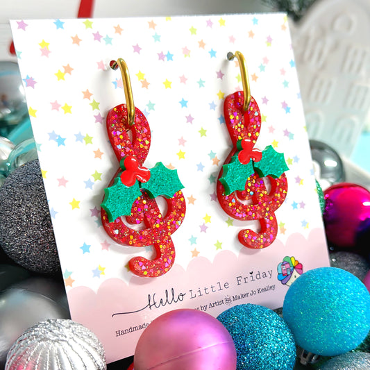 CHRISTMAS MUSIC : HOLLY : Handmade Resin DROP Earrings