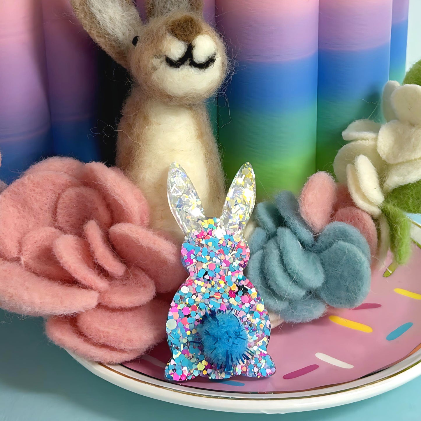 RAINBOW CONFETTI BUNNY : Choose your colour : Handmade Resin BROOCH