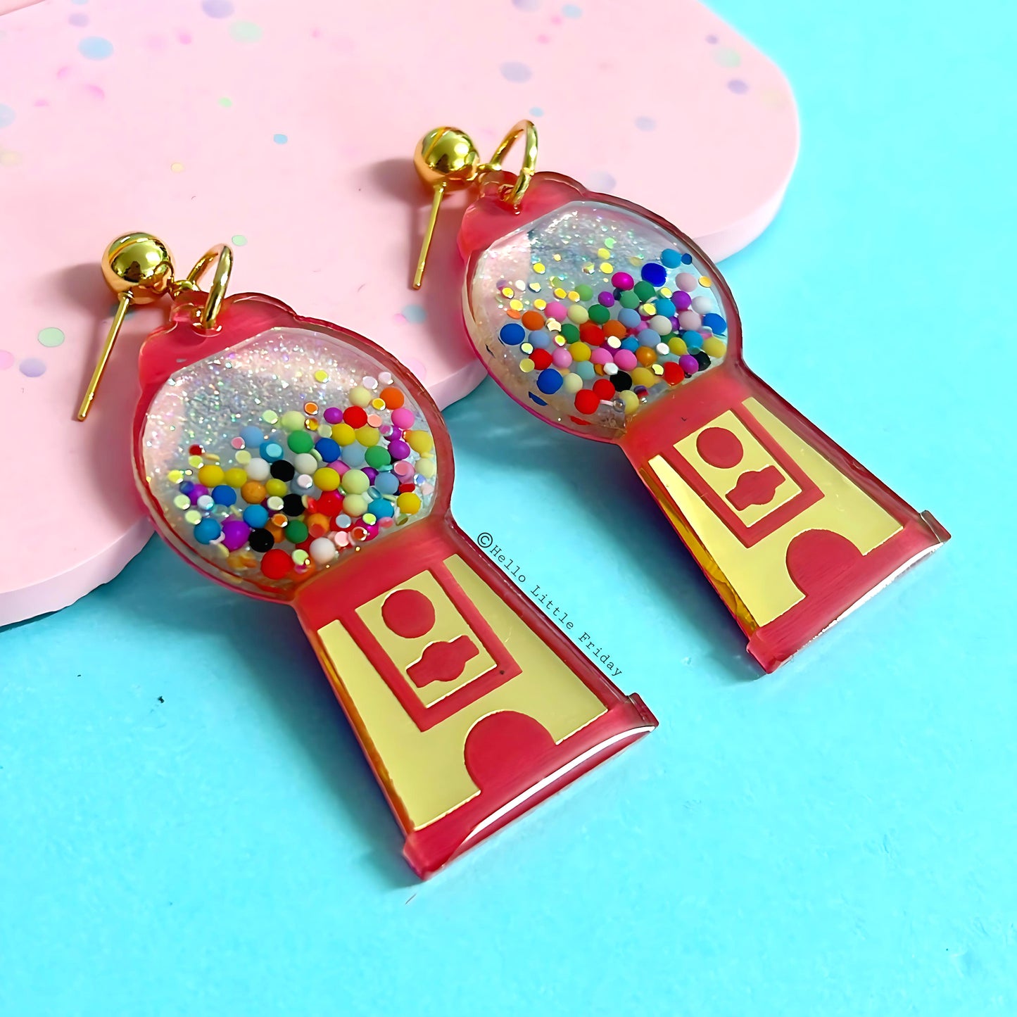 YUM YUM BUBBLEGUM : Golden glow & ruby red : Handmade Stud-top Resin & Acrylic DROP Earrings