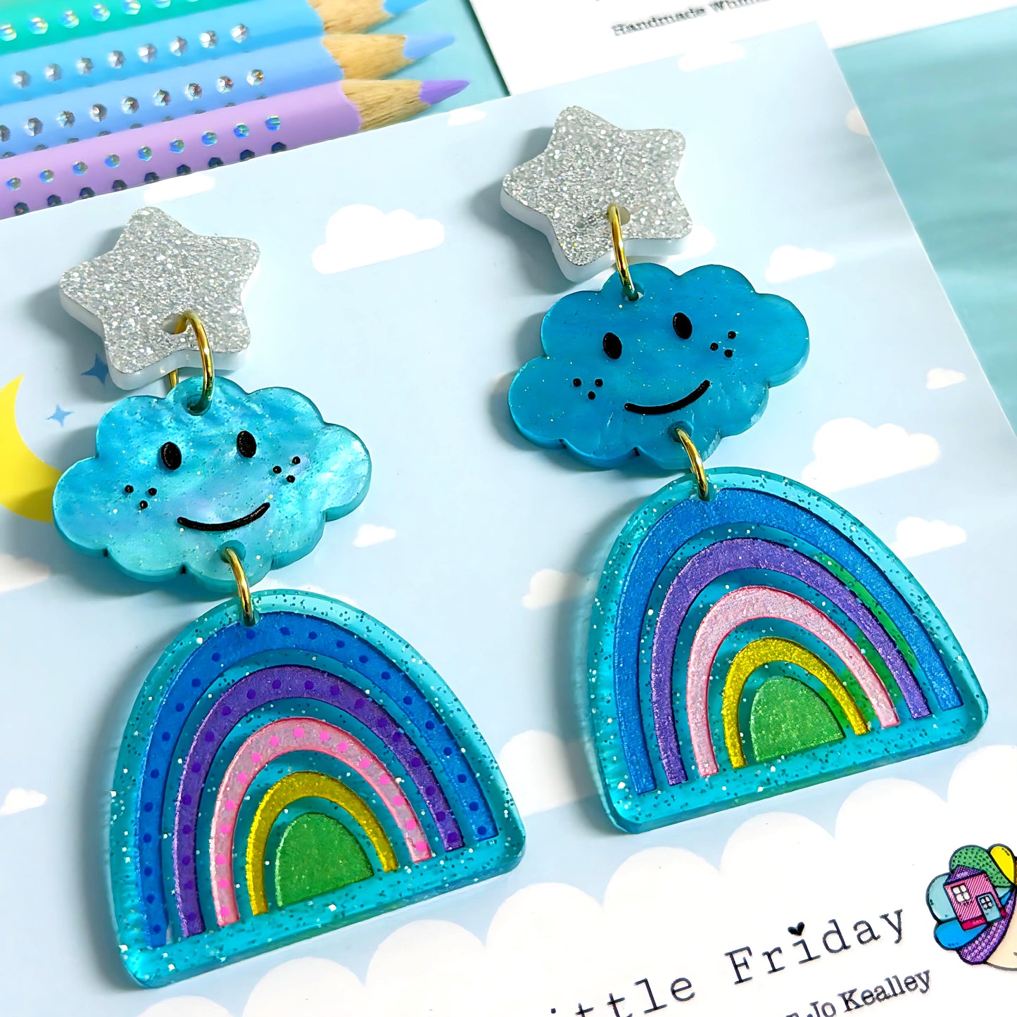 *One of a kind design* THE HAPPIEST CLOUDS : Handmade Acrylic Drop Earrings