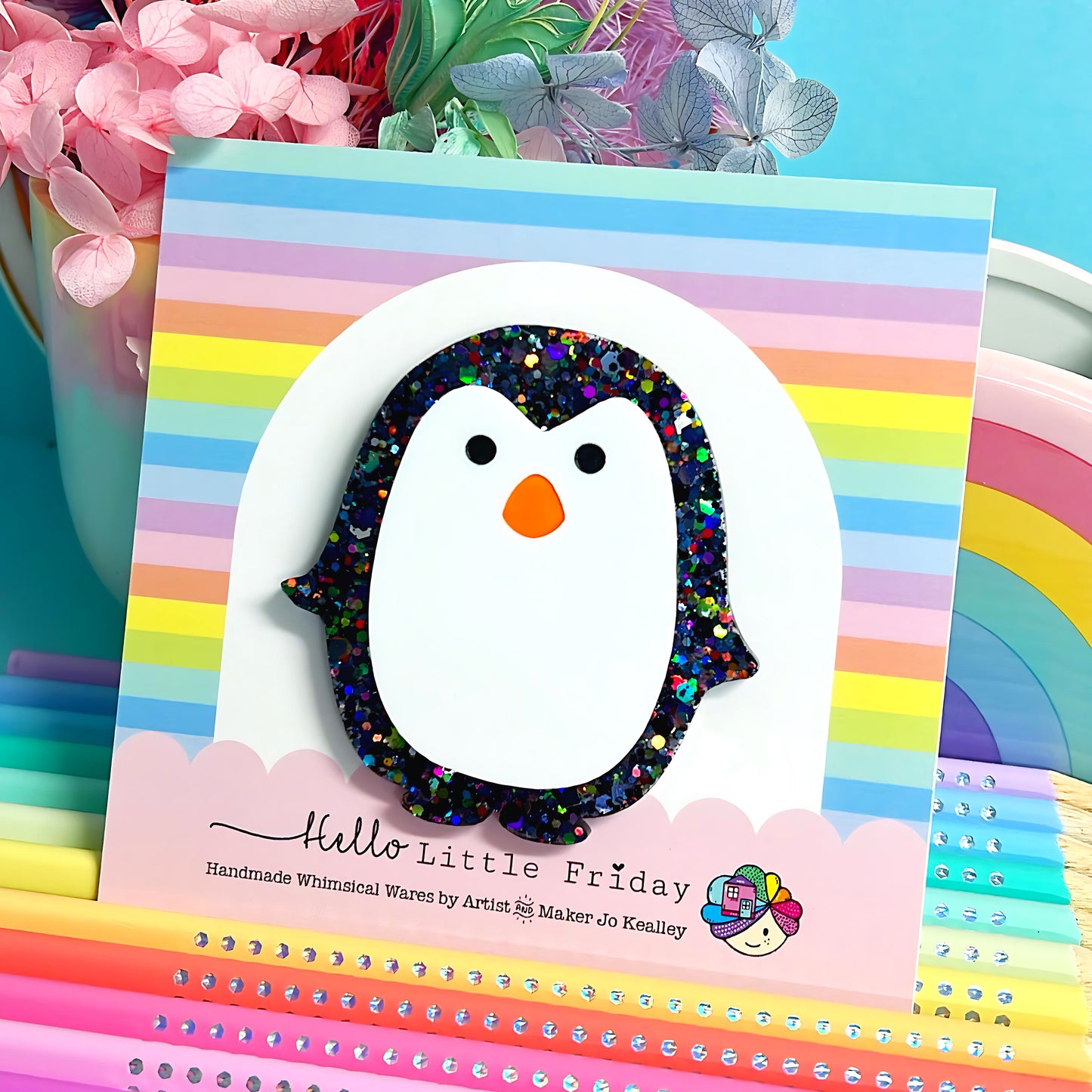 HELLO LITTLE PENGUINS : DAZZLING RAINBOW : Handmade Resin Mini Pin or Statement BROOCH