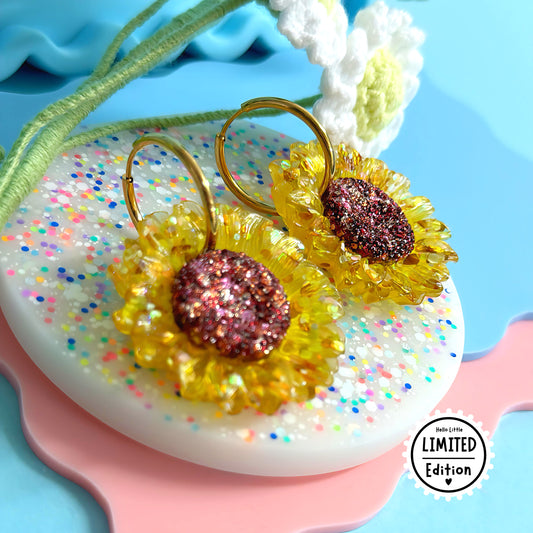 GOLDEN SUNFLOWERS : Handmade Resin DROP Earrings on Huggie Hoops