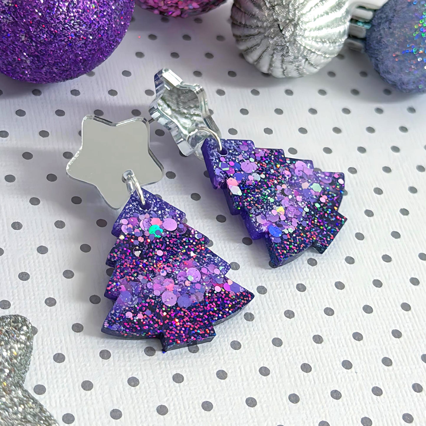 TWINKLING LIGHTS 
: VIOLET CHRISTMAS TREES : Handmade Resin & Acrylic Stud-top DROP Earrings