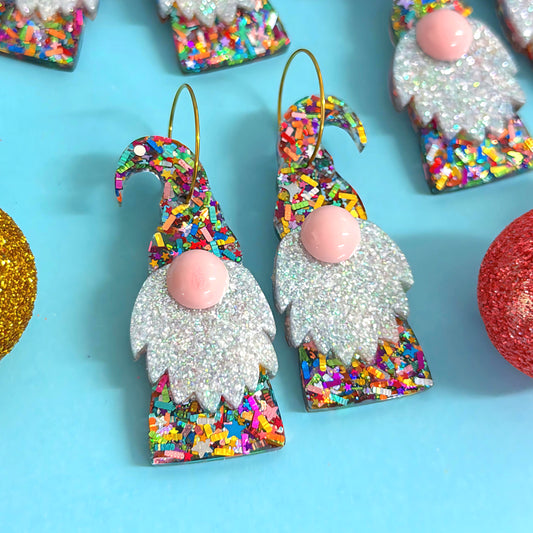 HELLO LITTLE SANTA GNOME : Rainbow Tinsel : Handmade Resin DROP Earrings