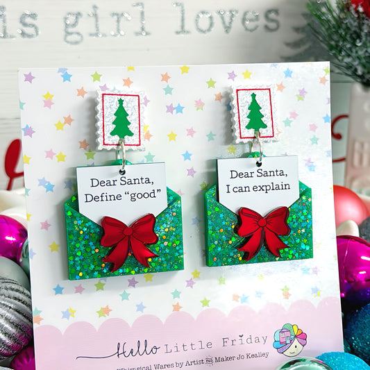 DEAR SANTA : Emerald Green Letters : Handmade Resin & Acrylic DROP Earrings