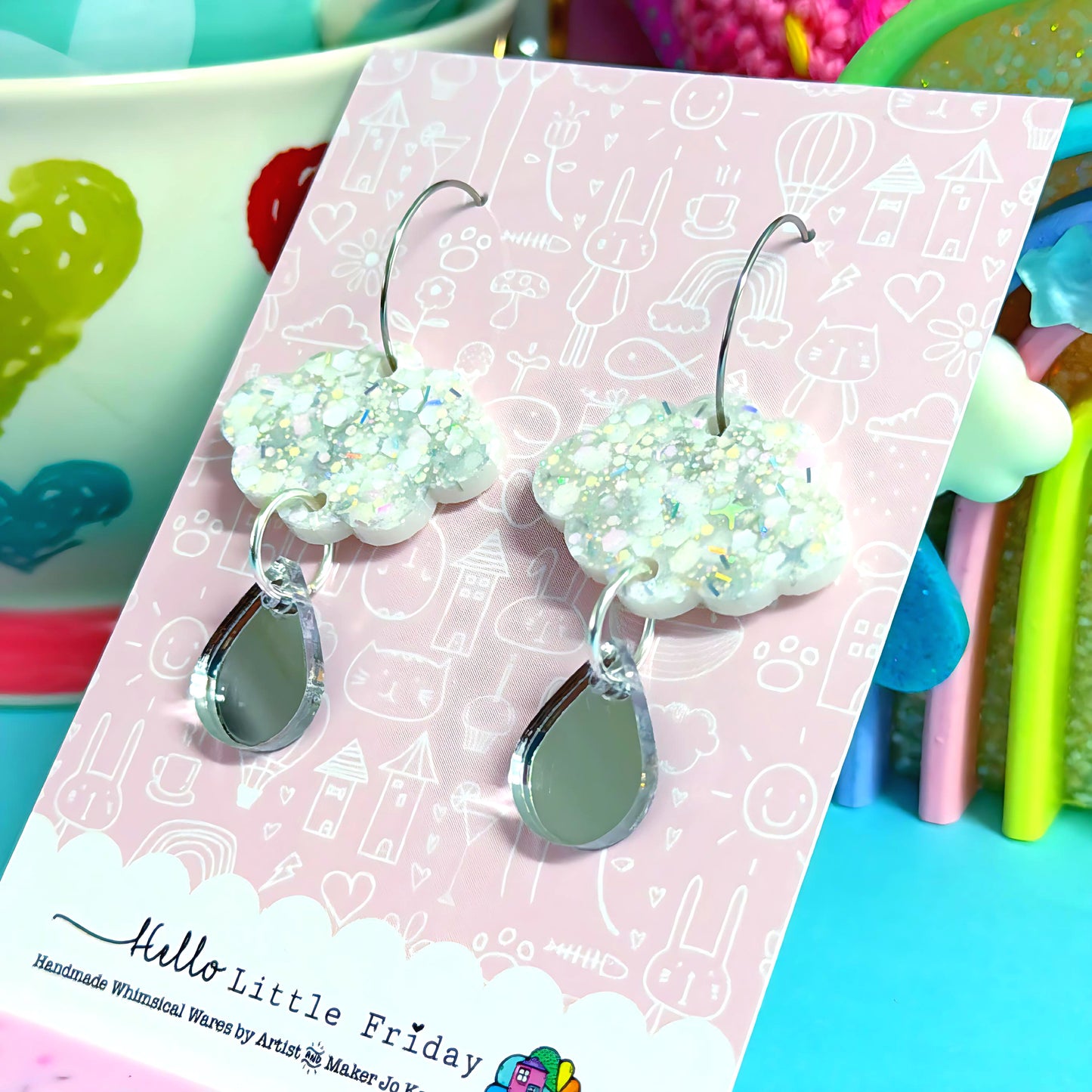 IT’S RAINING RAINBOWS : Marshmallow cloud : Handmade Resin & Acrylic DROP Earrings