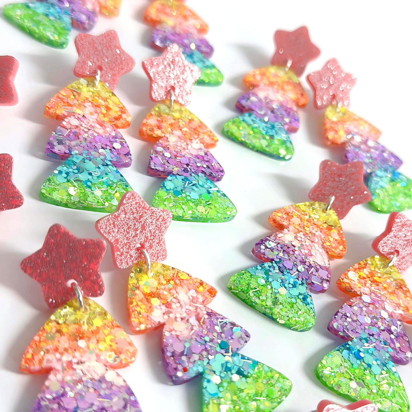 PASTEL RAINBOW OMBRÈ CHRISTMAS TREES : Handmade Resin & Acrylic Stud-top DROP Earrings on