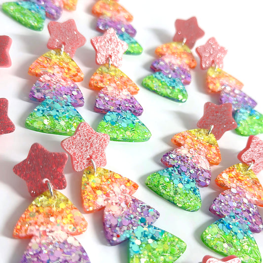PASTEL RAINBOW OMBRÈ CHRISTMAS TREES : Handmade Resin & Acrylic Stud-top DROP Earrings on