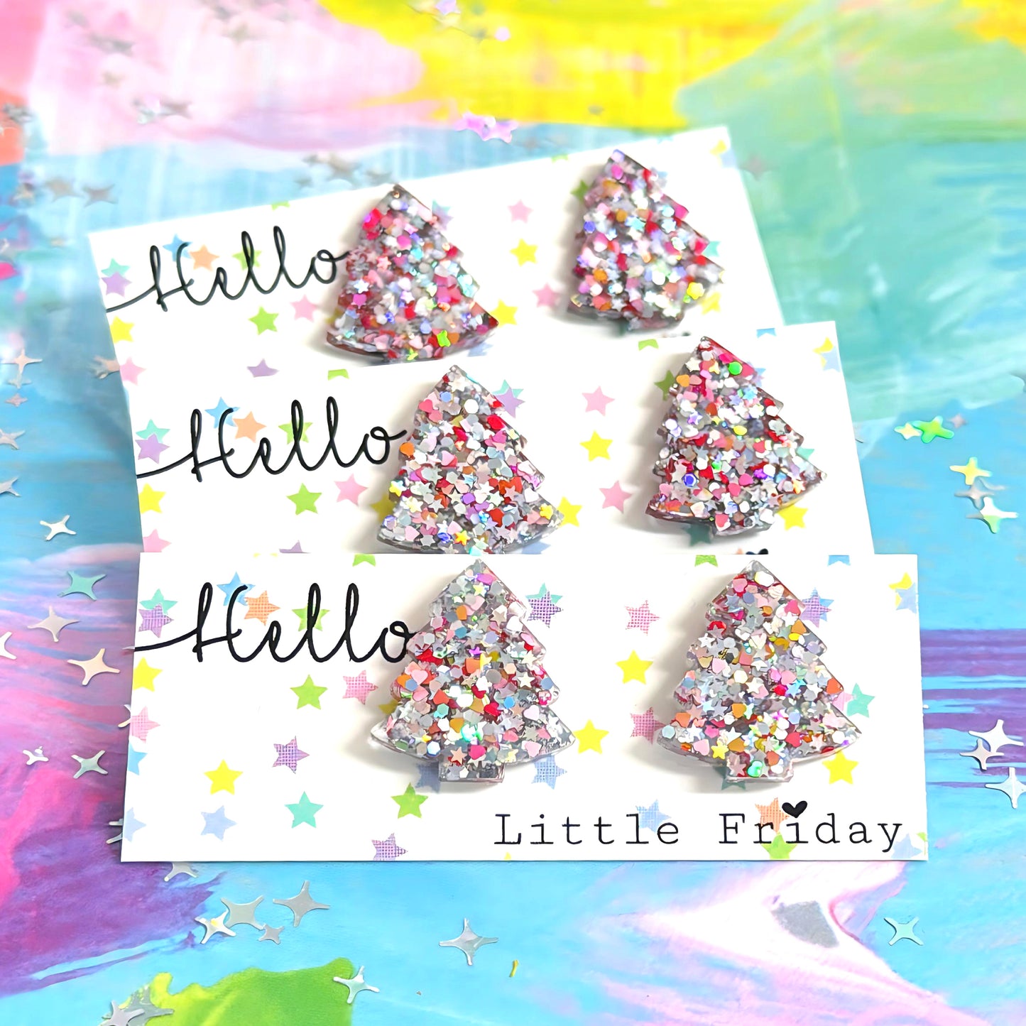 SILVER STARDUST CHRISTMAS TREES : Handmade Resin STUD Earrings