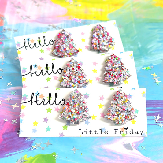 SILVER STARDUST CHRISTMAS TREES : Handmade Resin STUD Earrings