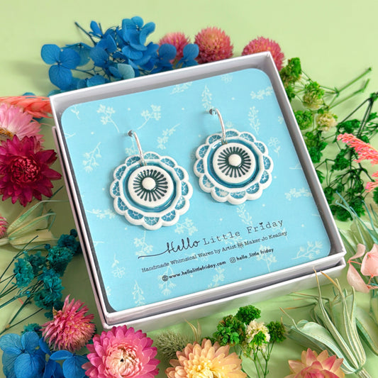 TEAL GREEN PINWHEELS ~ PORCELAIN Drop Earrings Handmade by Jo Kealley