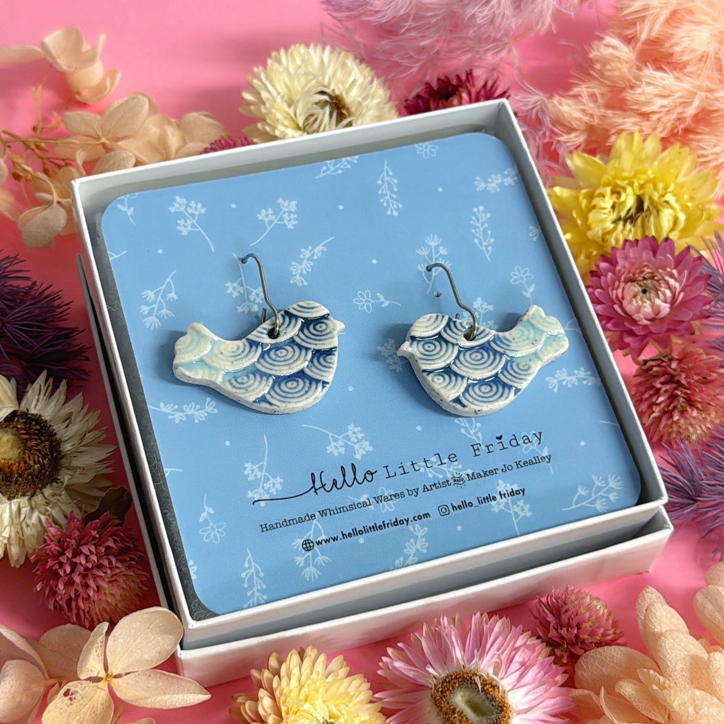 BLUEBIRDS ~ One of a kind : Ceramic Drop Earrings by Jo Kealley