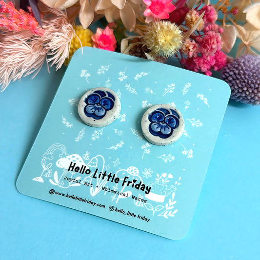 BOTANICA CERAMICA STUDS : Pansies : Handmade Ceramic STUD Earrings by Jo Kealley