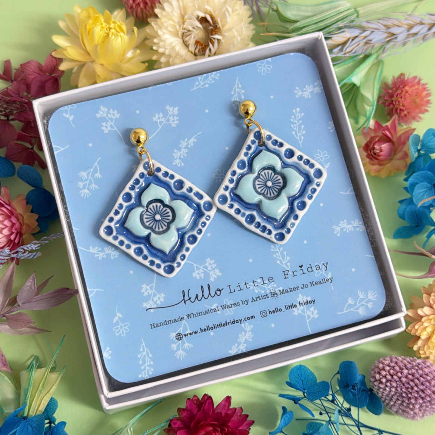 FLORAL TILES Sky & Indigo : One of a kind pair ~ PORCELAIN Drop Earrings Handmade by Jo Kealley