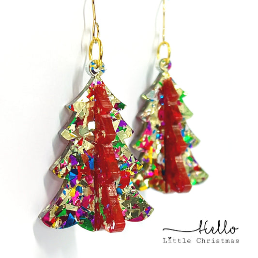 3D STAINED GLASS 2 TONE CHRISTMAS TREE : Handmade Acrylic DROP Earrings