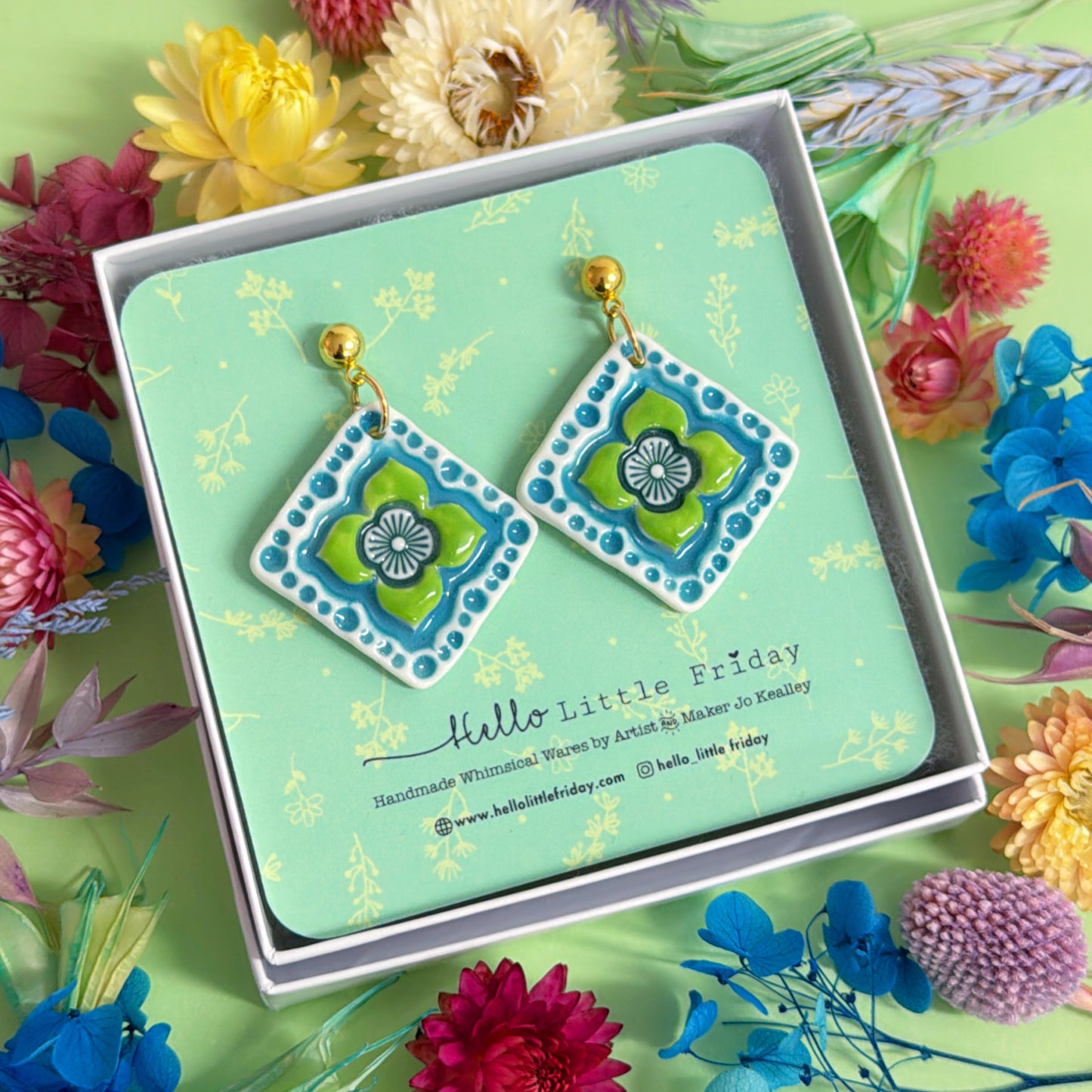 FLORAL TILES Emerald & Lime ~ PORCELAIN Drop Earrings Handmade by Jo Kealley