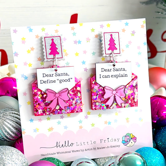 LIMITED EDITION 💝 DEAR SANTA : Merry PinkMAS Letters : Handmade Resin & Acrylic DROP Earrings