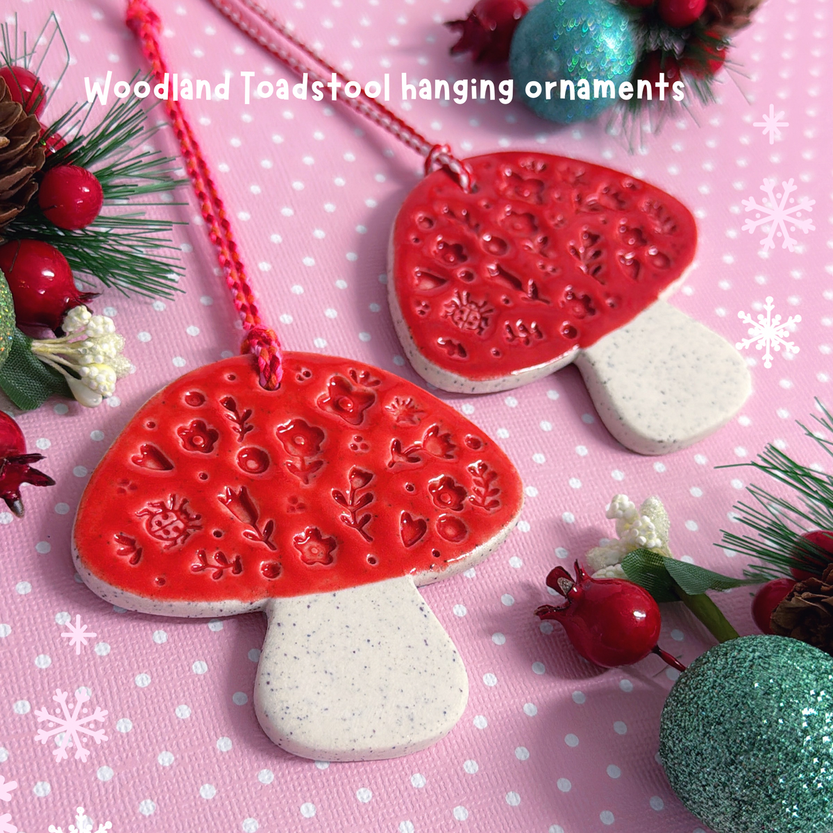 Woodland Toadstool large Ornament : Ruby Red ~ Handmade Ceramic Ornament by Jo Kealley