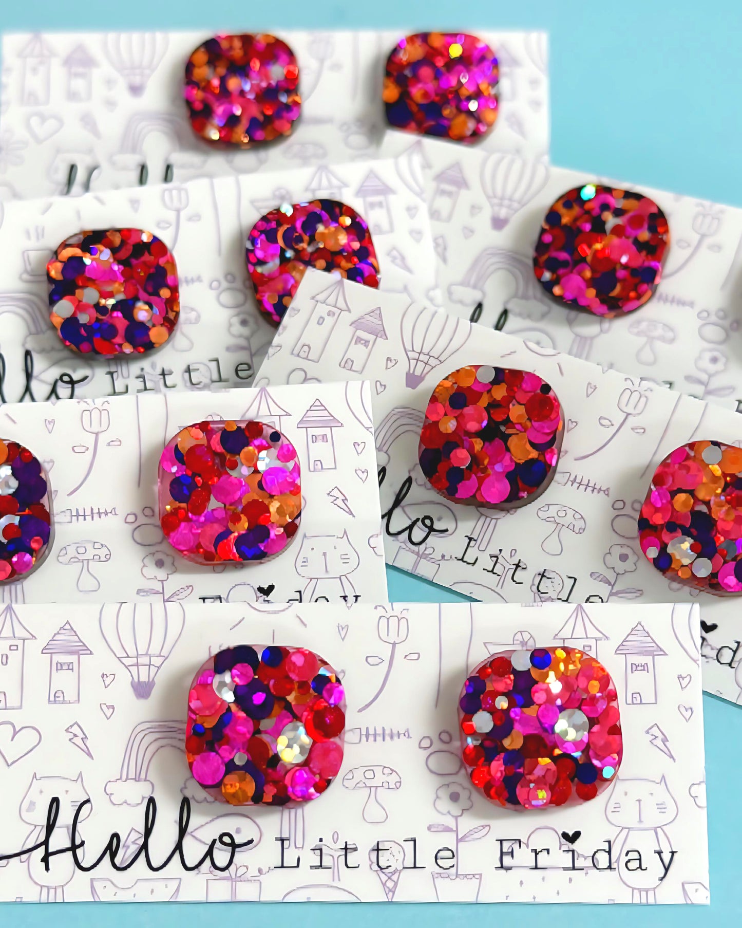 DISCO CUBES : WARM RAINBOW : Handmade Resin STUD Earrings