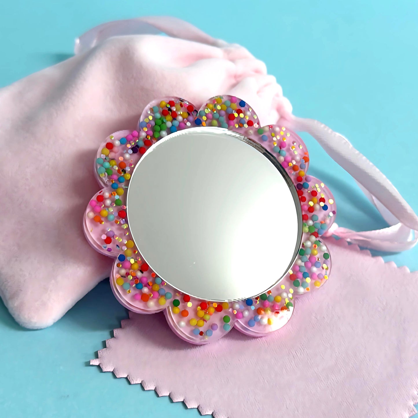 FAIRYBREAD Pocket Mirror with microfibre cleaning cloth & velveteen bag : Handmade Resin