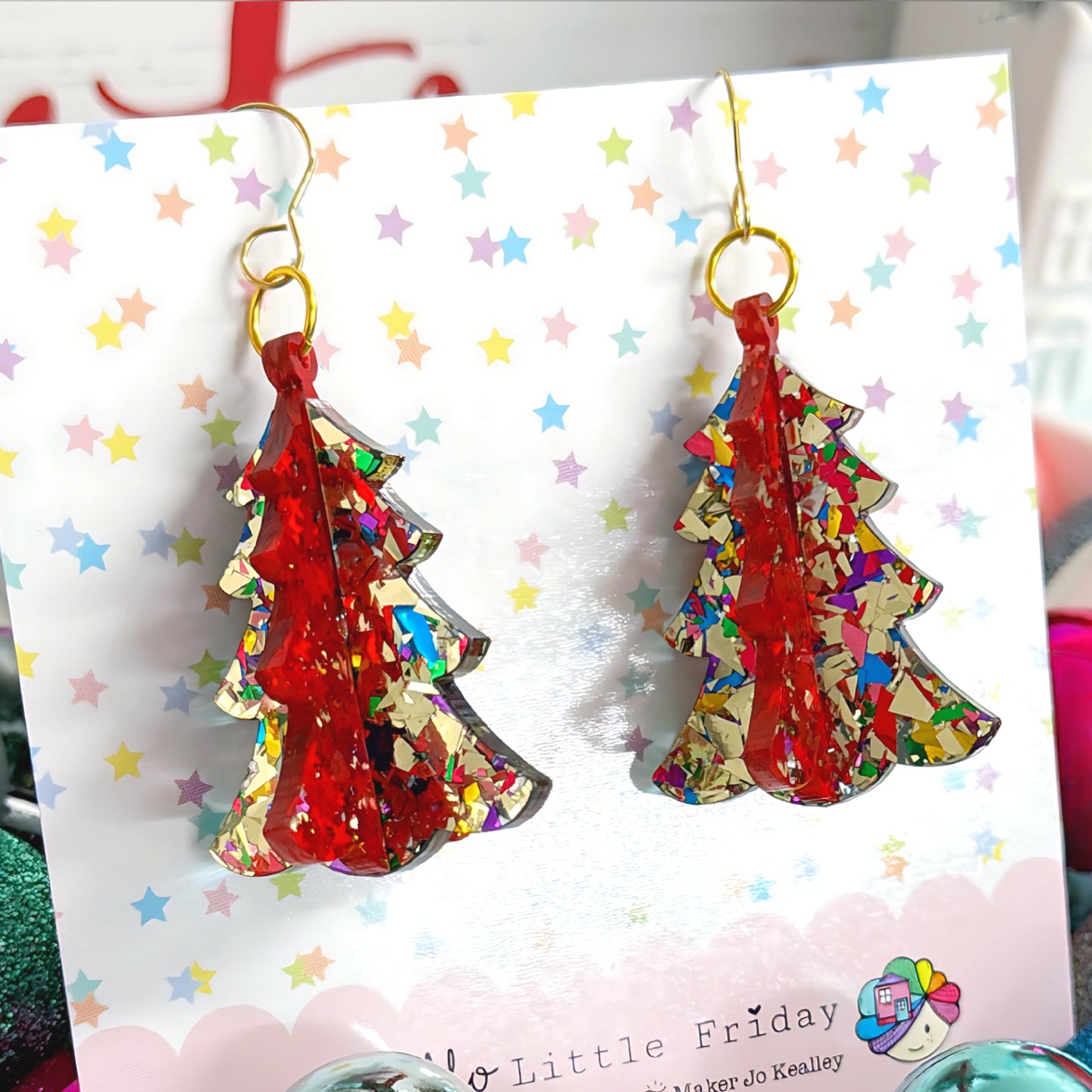 3D STAINED GLASS 2 TONE CHRISTMAS TREE : Handmade Acrylic DROP Earrings