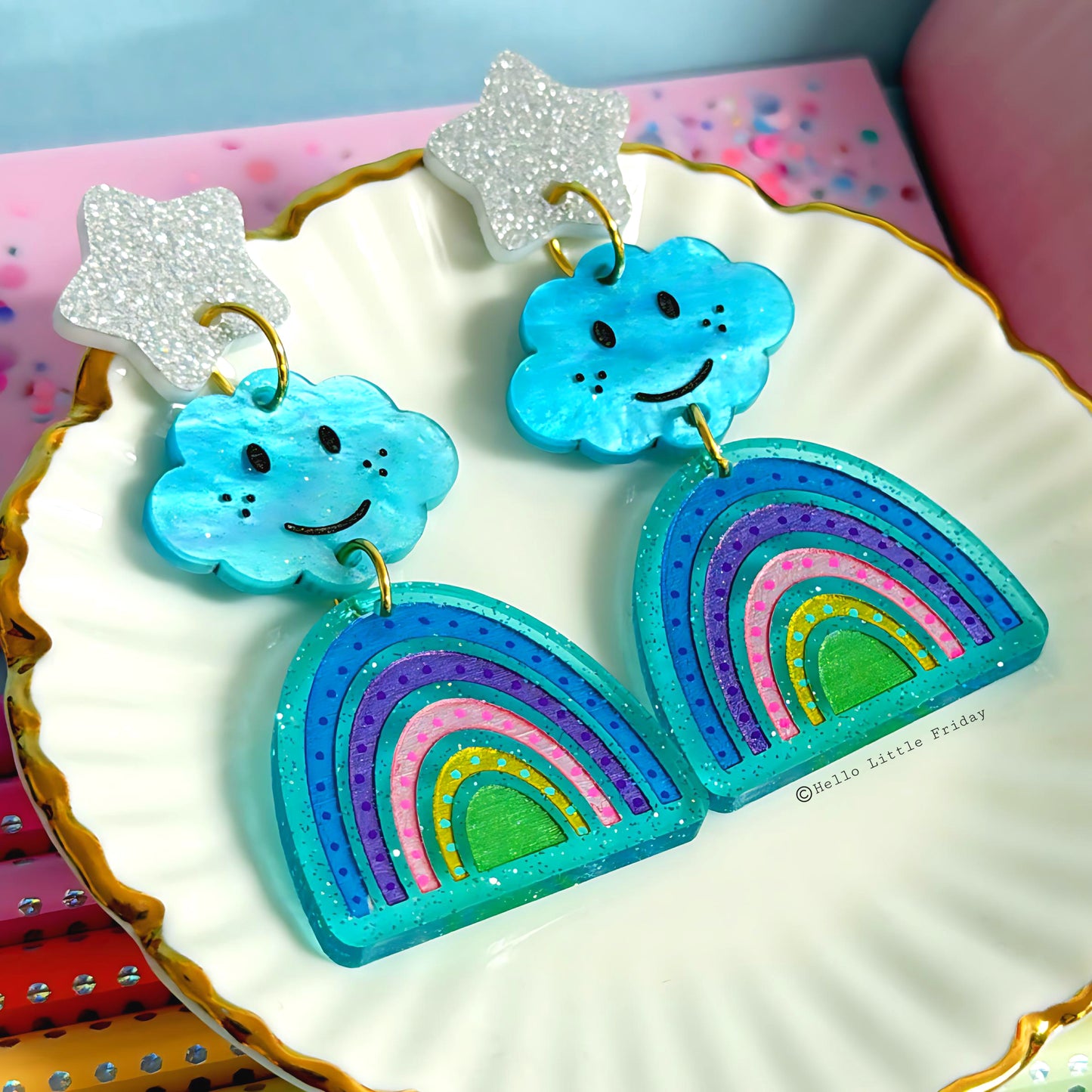 *One of a kind design* THE HAPPIEST CLOUDS : Handmade Acrylic Drop Earrings