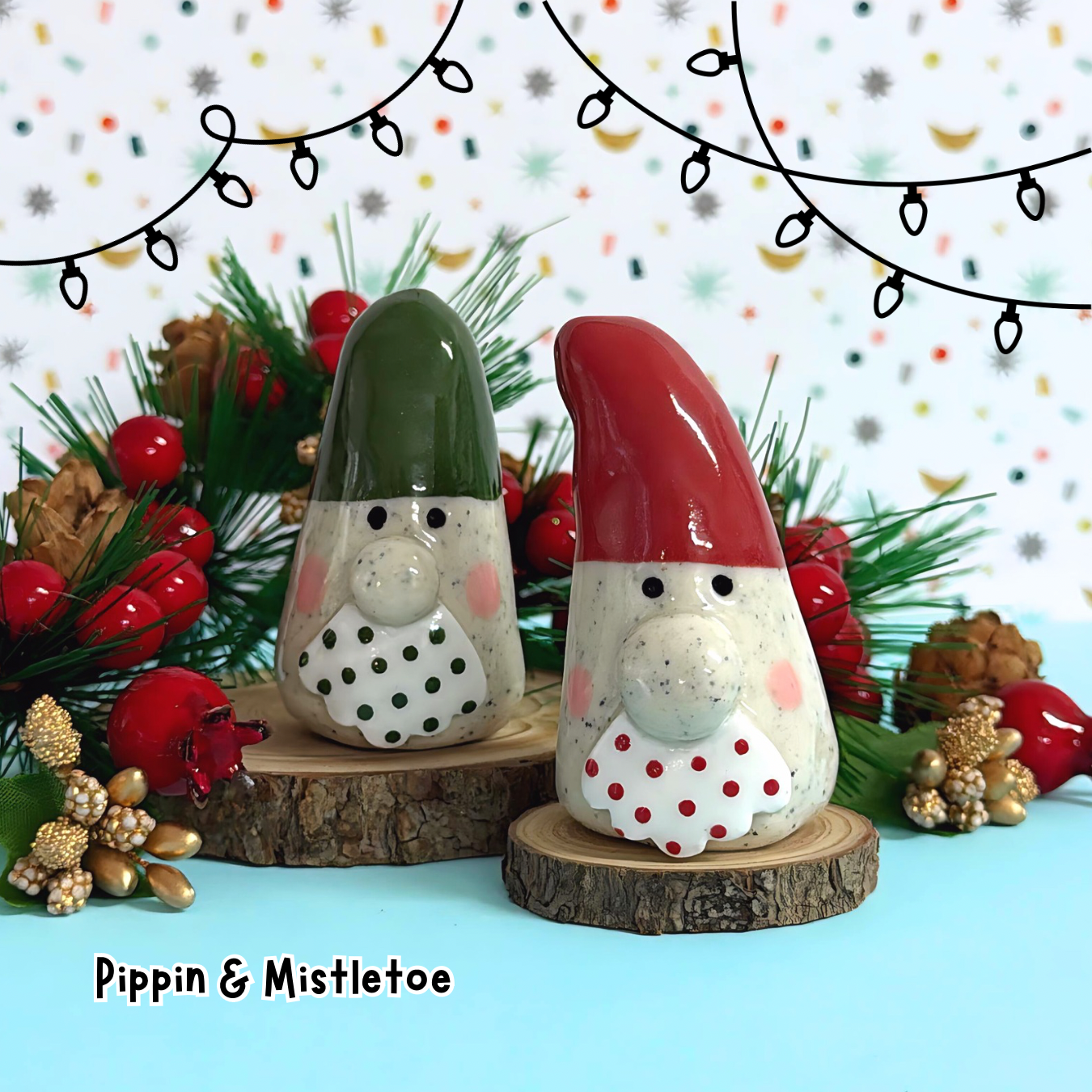 PIPPIN & MISTLETOE : Santa Gnome PAIR : Handmade Ceramic Whimsies by Jo Kealley