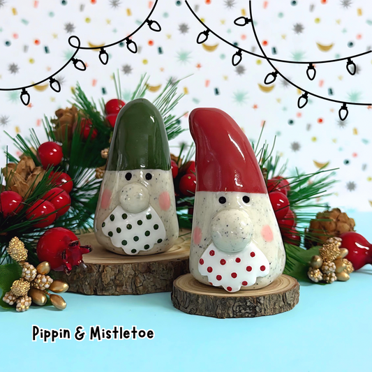 PIPPIN & MISTLETOE : Santa Gnome PAIR : Handmade Ceramic Whimsies by Jo Kealley