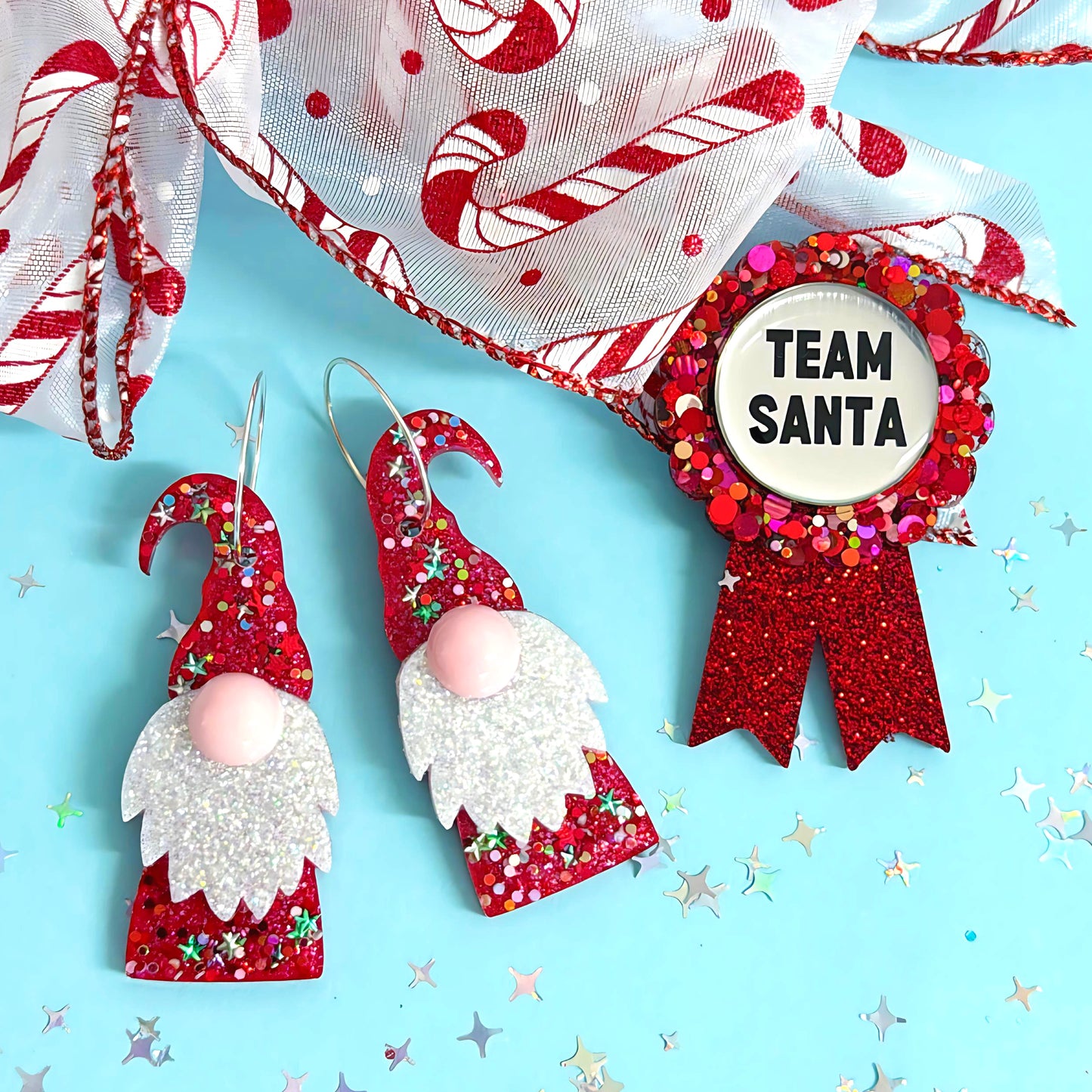 HELLO LITTLE SANTA GNOME : Red Stardust : Handmade Resin DROP Earrings