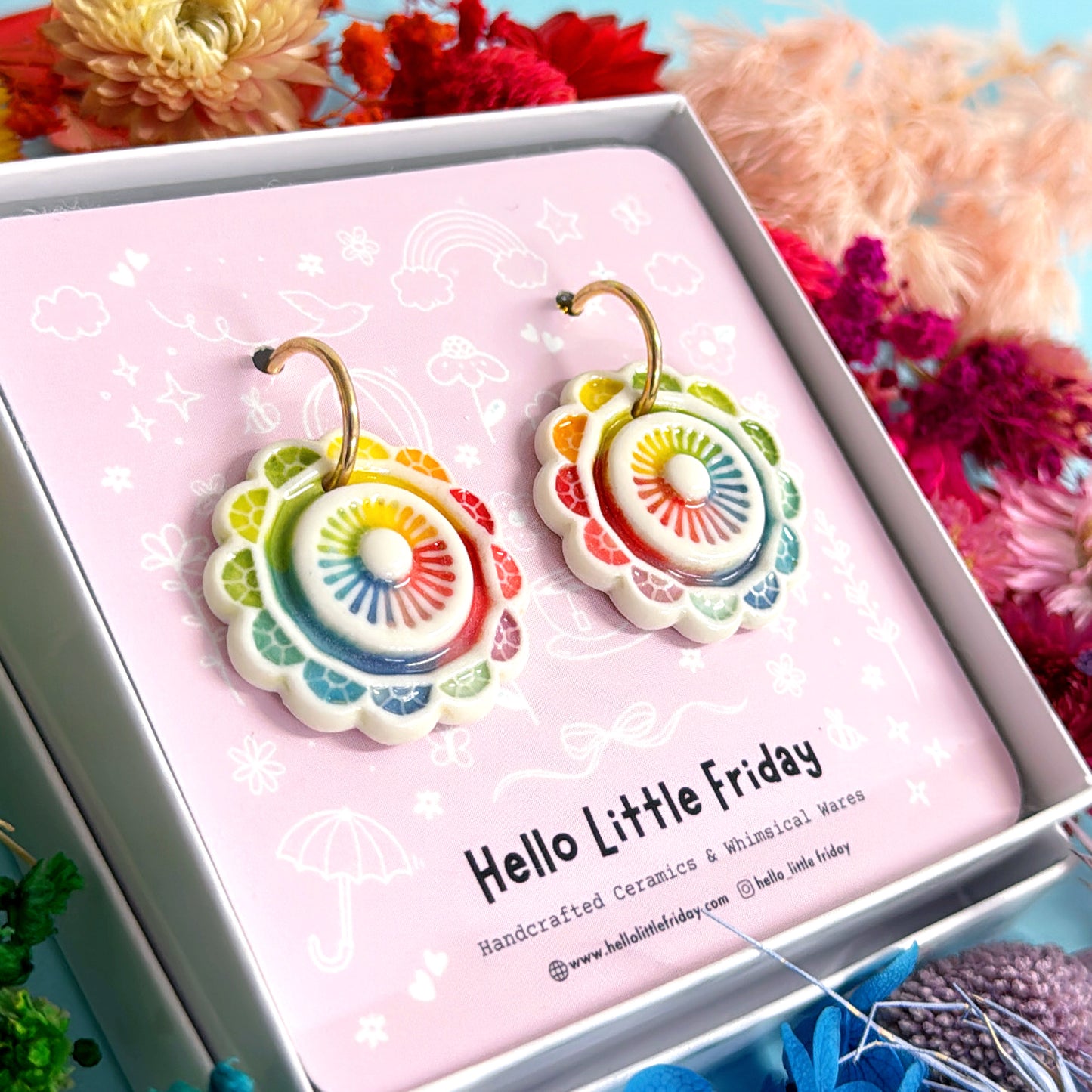 RAINBOW FIELDS : PINWHEELS ~ One of a kind pair : PORCELAIN Drop Earrings Handmade by Jo Kealley