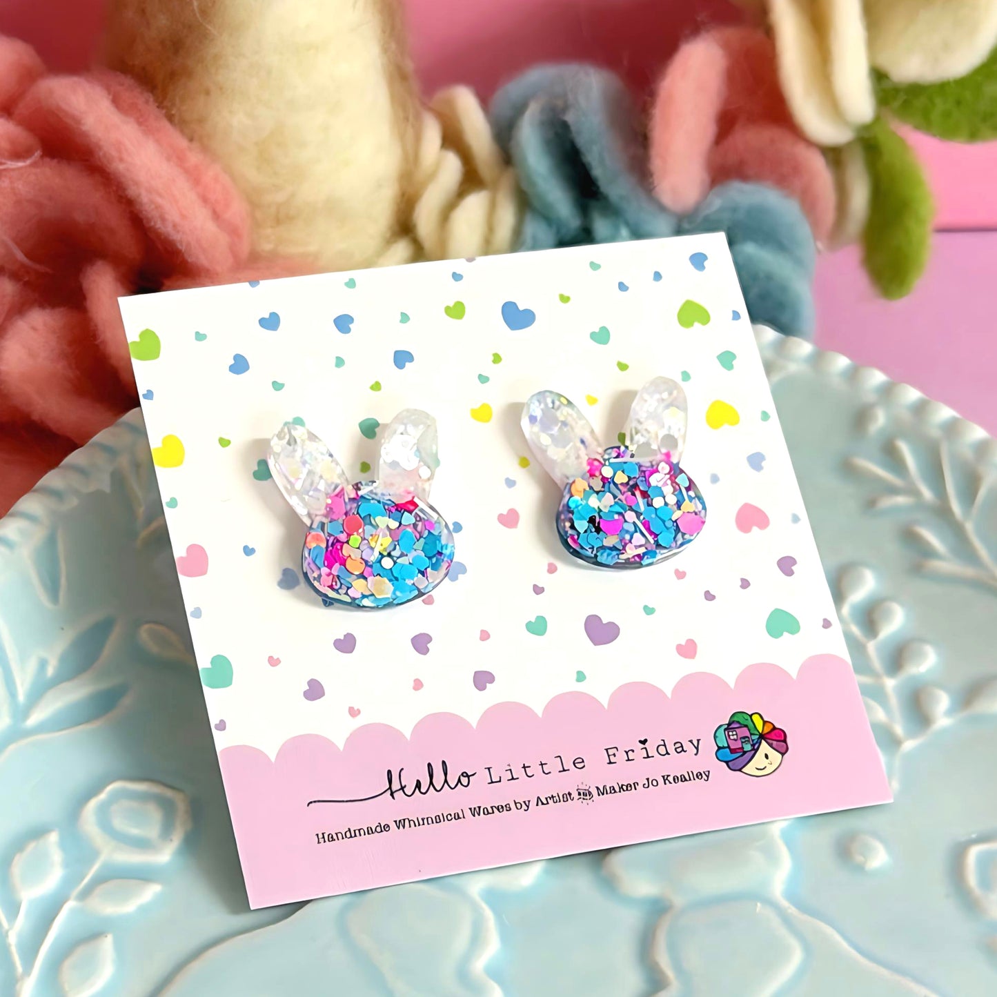 CONFETTI SHIMMER : BUNNY FACES : Handmade Resin Studs