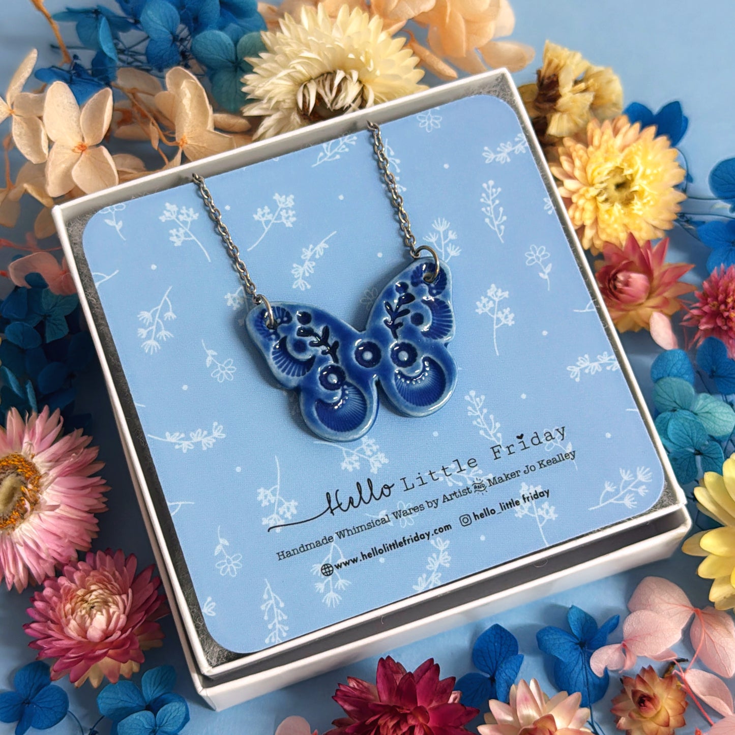 BUTTERFLY FLUTTERBY : Indigo Blue ~ One of a kind : Small Porcelain Pendant by Jo Kealley