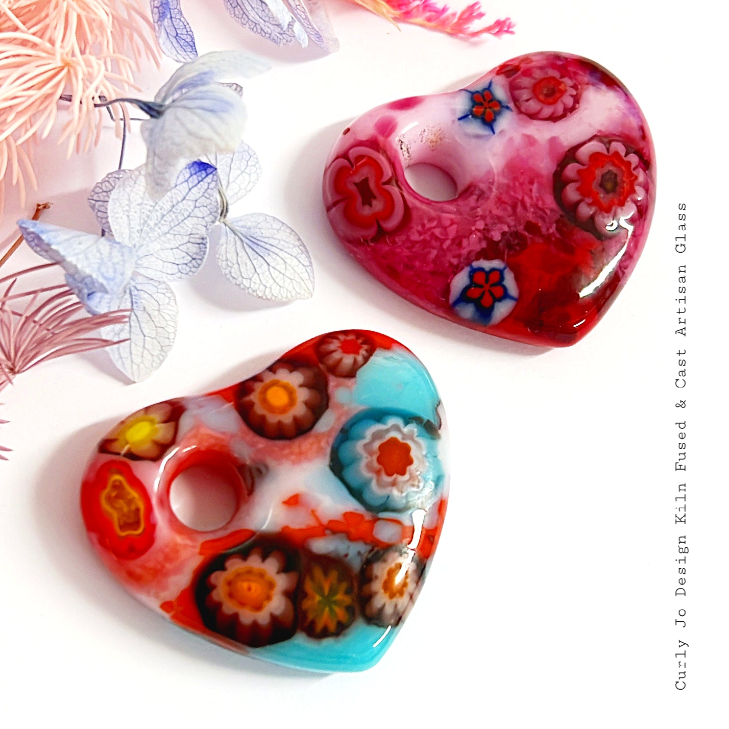 One million flowers hearts with Murano millefiori inclusions - Handcrafted Artisan Glass Pendant : Kiln-cast Glass